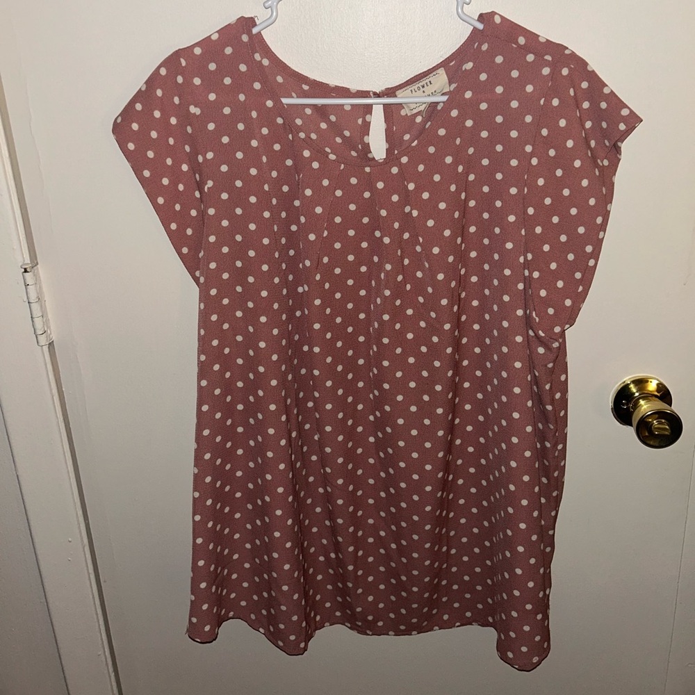 Pink/Salmon Polka Dots Blouse 3XL Flower & Feather
